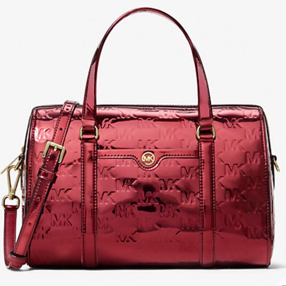 Michael Kors Jet Set Medium Metallic Logo Debossed Satchel Bag Cherry